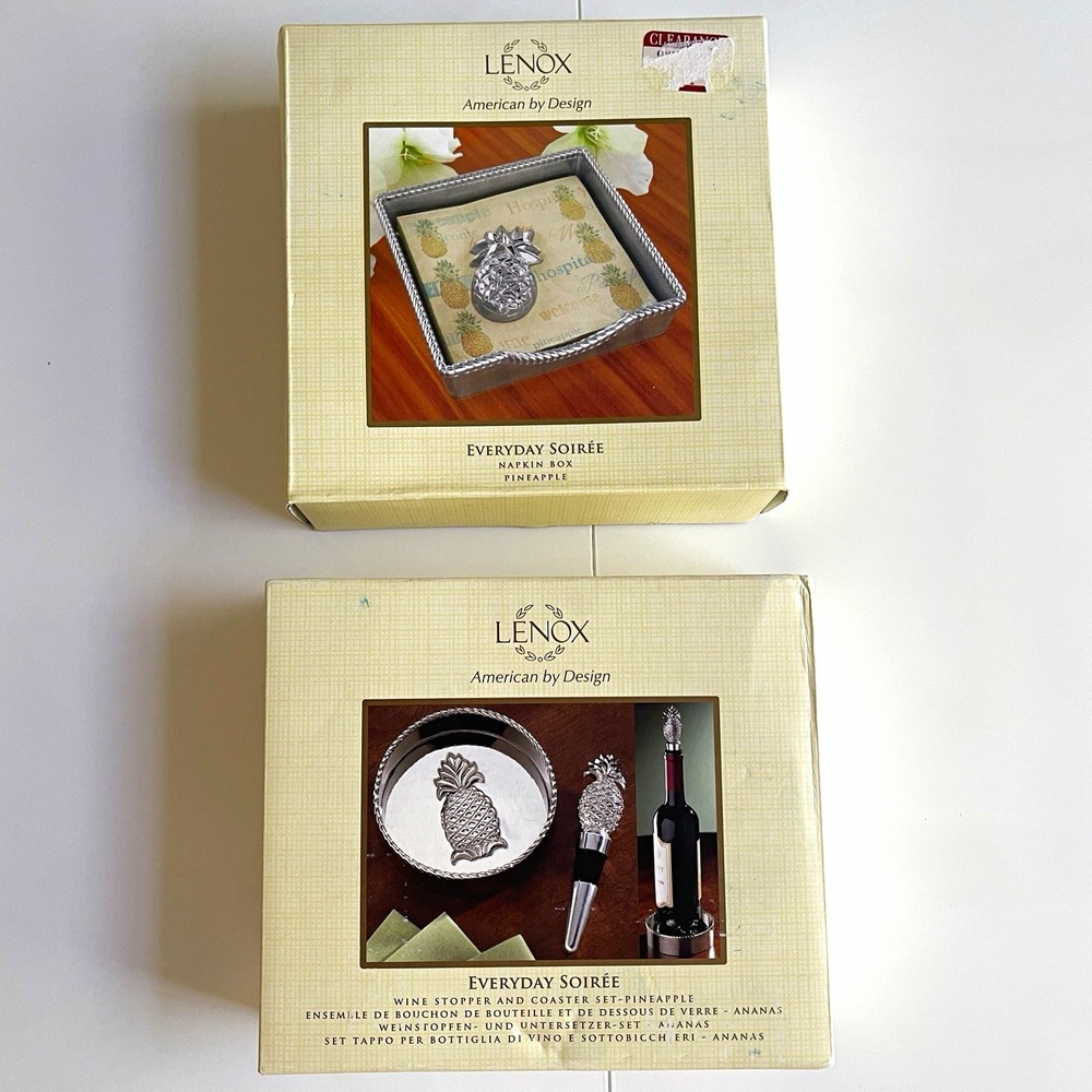 Lenox Everyday Soiree Pineapple Bottle Stopper & Coaster Set + Napkin Box Silver